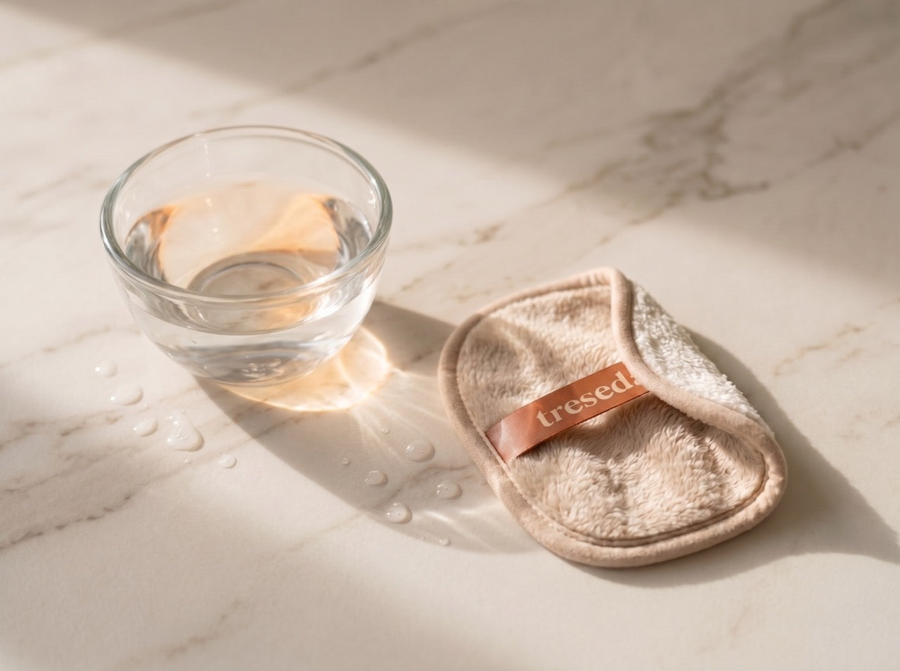 Paño facial Treseda junto a un bowl de agua, solo agua para tu piel